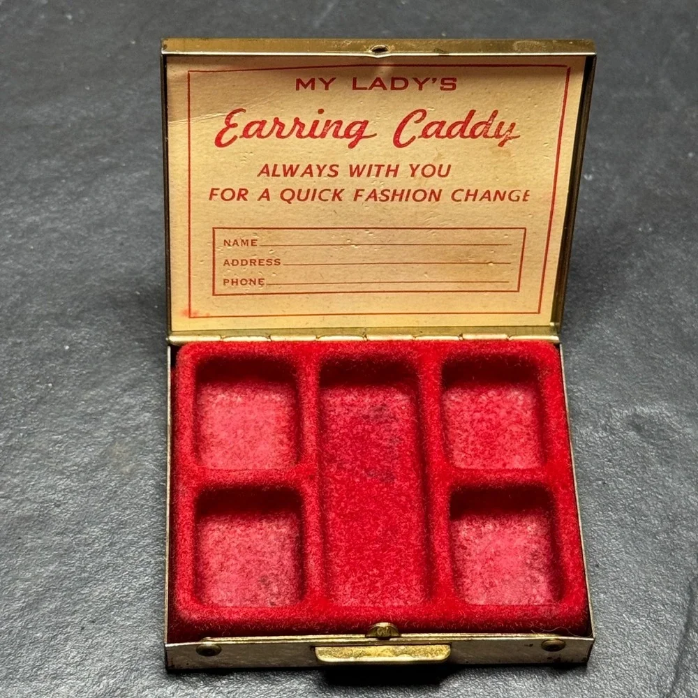 Vintage My Lady's Earring Caddy Gold Tone Metal Travel Jewelry Case Red Velvet